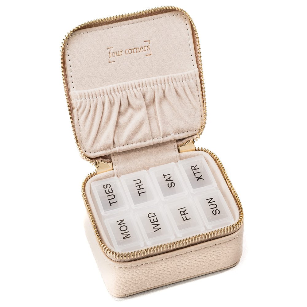 Weekly Pill Organizer 7 Day Travel Pill Case for Vitamins & Medication, Premium Vegan Leather Pill Box with Removable Daily Compartments, Portable Supplement Organizer with Secure Zipper (Cream)