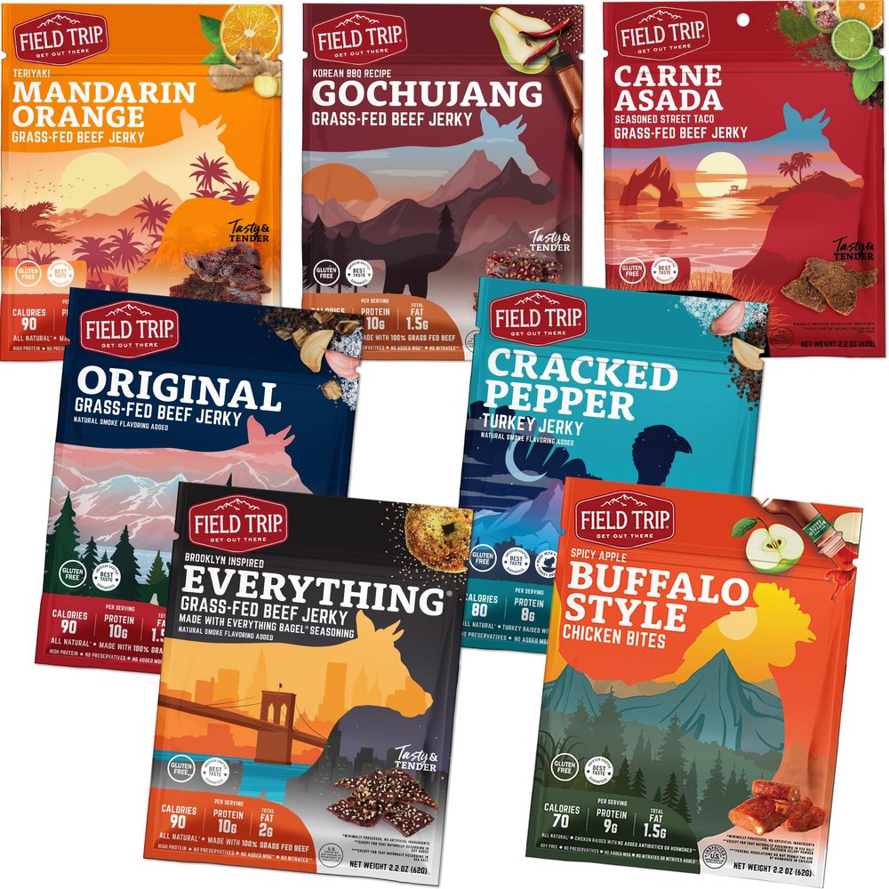 Field Trip Turkey, Chicken, and Beef Jerky Variety Pack, Healthy Gluten Free Snacks, All Natural, Paleo-Friendly Meat Snacks with No Nitrates, Low Carb, High Protein Snacks, 2.2 Ounce Bag, 7 Pack
