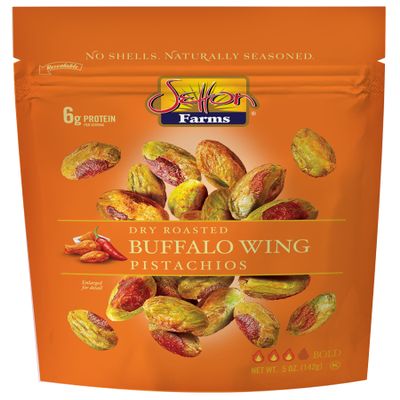 Buffalo Wing Seasoned Shelled PIstachios Kernels - No Shells Dry Roasted No Shell Pistachios, Dry Roasted, Non-GMO Project Verified, Gluten Free, Vegan, Kosher, 5 Oz Resealable Bag