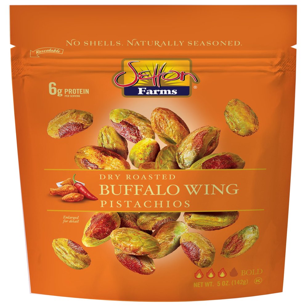 Buffalo Wing Seasoned Shelled PIstachios Kernels - No Shells Dry Roasted No Shell Pistachios, Dry Roasted, Non-GMO Project Verified, Gluten Free, Vegan, Kosher, 5 Oz Resealable Bag