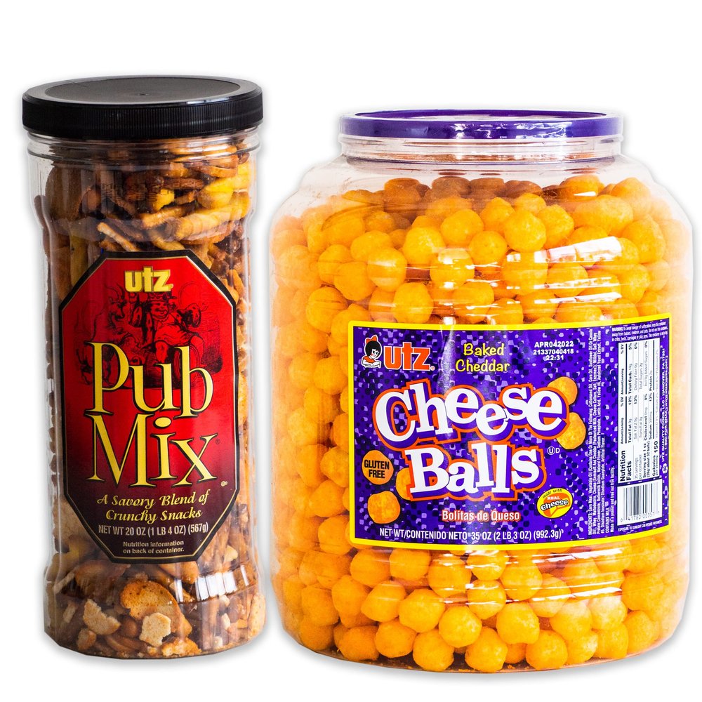Utz Party Mix Variety Pack - Pub Mix (1, 20oz barrel) - Cheddar Cheeseballs (1, 35oz barrel) - Perfect Delicious Party Mix - All Occasions - 2 Items Total