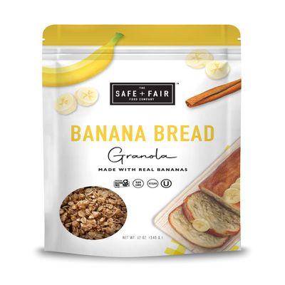 Safe + Fair Banana Bread Granola  Allergen-Free with Whole & Ancient Grains  Gluten-Free, Plant-Based, Non-GMO, No Artificial Ingredients  Perfect for Breakfast or Dessert  12oz