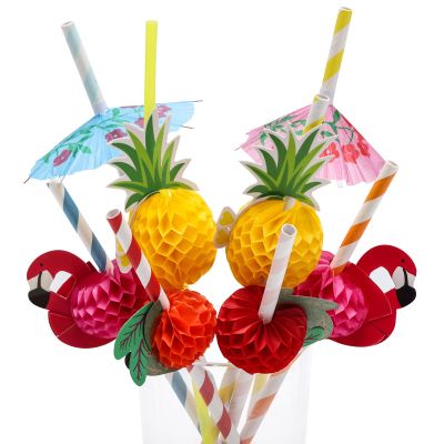 100PCS Flamingo Fruit Paper Straws,Disposable Plastic Drinking Straws,Tropical Hawaiian Beach Summer Pool Party Cocktail Decorations - Assorted Colors