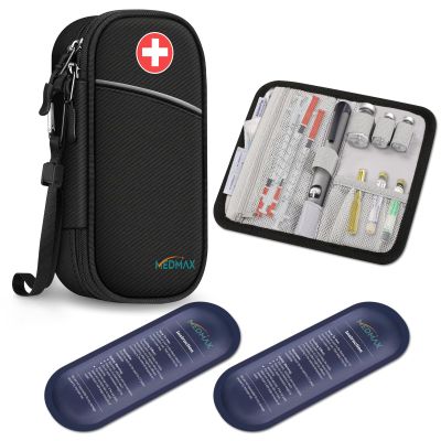 MEDMAX Insulin Cooler Travel Case with 2 Ice Pack, Water Resistant Insulated Diabetic Medication Organizer Carrying Bag with Extra Pouch for Insulin Pen and Other Diabetic Supplies (Black)