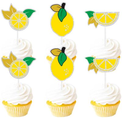 Fruit Lemon Dessert Cupcake Topper Gold Glitter Summer Main Squeeze Party Theme Decor Supplies Baby Shower Boy Girl Happy Birthday Party Decorations Set 18pcs