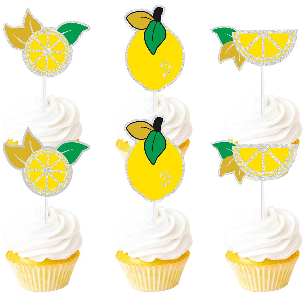 Fruit Lemon Dessert Cupcake Topper Gold Glitter Summer Main Squeeze Party Theme Decor Supplies Baby Shower Boy Girl Happy Birthday Party Decorations Set 18pcs