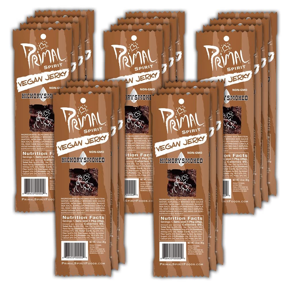 Primal Spirit Vegan Jerky  Classic Flavor  Hickory Smoked, 10 g. Plant Based Protein per oz., Certified Non-GMO, No Preservatives, Sports Friendly Packaging (18 Pack, 1 oz. ea.)