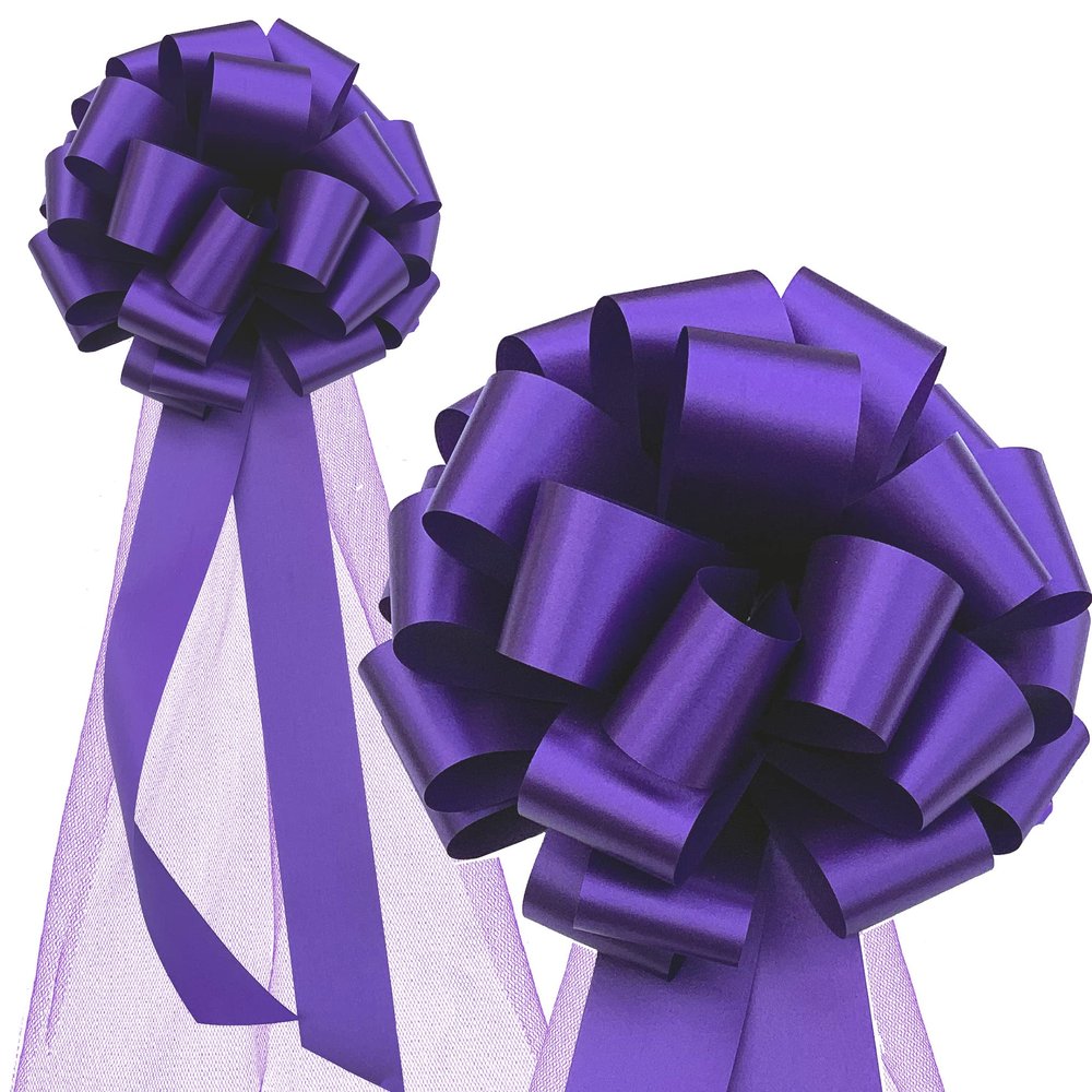 Large Purple Wedding Pull Bows with Long Tulle Tails - 9" Wide, Set of 6, Halloween, Decoration, Wedding, Christmas, Birthday, Fundraiser, School Dance, Mardi Gras, Easter