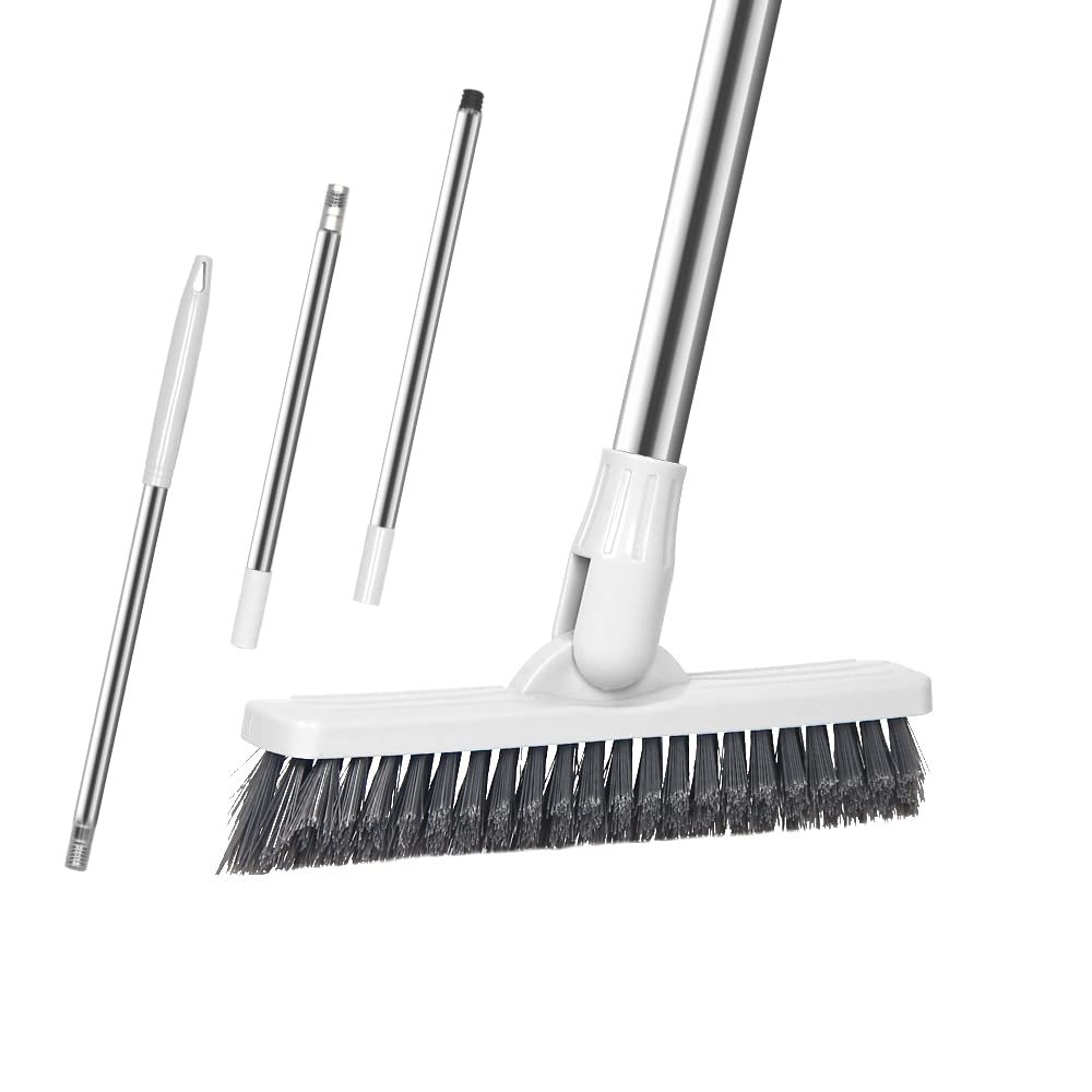 Affogato Floor Scrub Brush Bathroom Long Handle Bathtub Push Broom Shower Tile Grout Scrubber Rotatable Indoor Kitchen Crevice Cleaning Brush for Hard to Reach Areas - White 46.8inches Lengthen