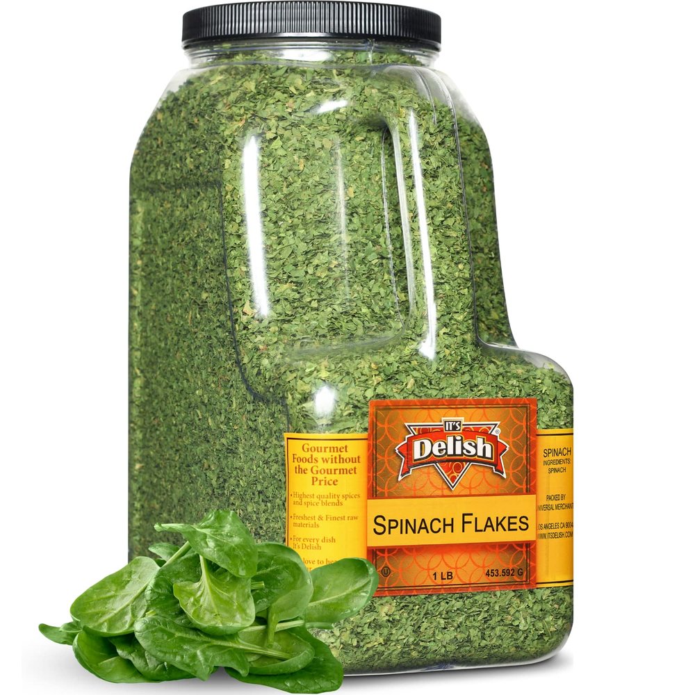 Gourmet Chopped Dried Spinach Flakes by Its Delish, 1 lb Bulk Restaurant Gallon Size Container Jug with Handle Premium Natural Dehydrated Spinach For Cooking, Camping, Backpacking - Easy To Use