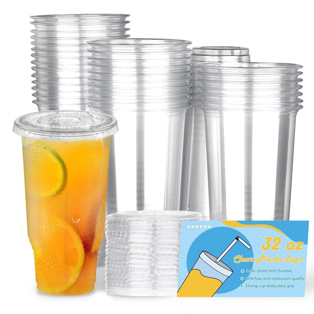 BALDCC 32 oz 50 Pack Crystal Clear Plastic Cups with Lids, Oversized Disposable Clear Cups, Flat Cover Pluggable Straw for Smoothie, Iced Coffee,Milkshake& Any Cold Drink