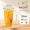 BALDCC 32 oz 50 Pack Crystal Clear Plastic Cups with Lids, Oversized Disposable Clear Cups, Flat Cover Pluggable Straw for Smoothie, Iced Coffee,Milkshake& Any Cold Drink view 2