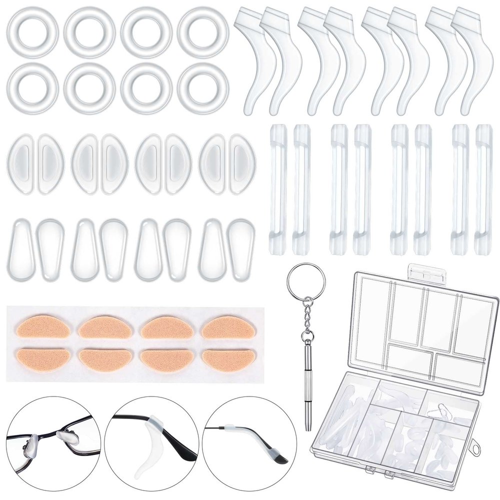 50 Pcs Eyeglasses Retainers Sets 12 Pairs Anti Slip Adhesive Glasses Nose Pads 4 Round Ear Grips 4 Silicone Ear Hooks Holders 4 Glasses Temple Tips Sleeve for Repair(Transparent)
