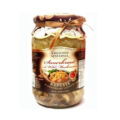 Al Amin Foods Polish Sauerkraut with Wild Mushrooms ( Kapusta kiszona z lenymi grzybami ) One Glass Jar NT. Wt. 29.98 oz. (850g) By: KRESOWS SPIZARNIA Poland