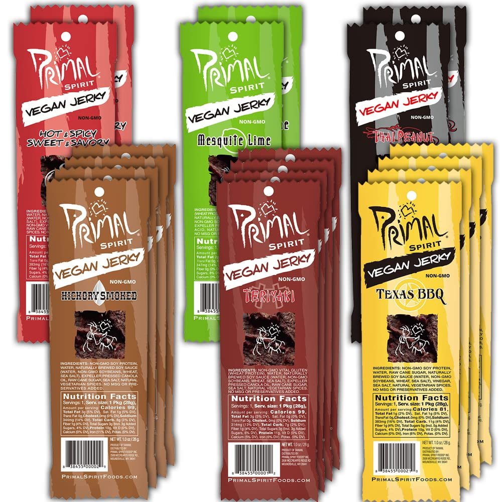 Primal Spirit Vegan Jerky - Most Popular Flavors Pack, 10 g. Plant Based Protein, "Classics" 4 Teriyaki, 4 Hickory Smoked, 4 Texas BBQ, 2 Thai Peanut, 2 Hot & Spicy, 2 Mesquite Lime, 18-Pack, 1 oz.