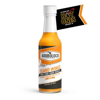 Adoboloco Island Wings Fire-Roasted Pineapple & Hot Honey Hot Sauce - Heat Level 03/10-5 Fl Oz - Seen on Hot Ones - All Natural, Sweet, Spicy, Tropical Island Vibes, Made in the U.S.A.