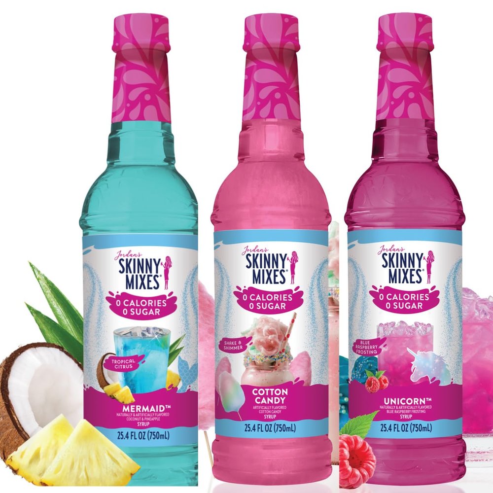 Jordan's Skinny Syrups Fantasy Collection Variety Pack: Sugar Free Mermaid, Sugar Free Unicorn, and Sugar Free Cotton Candy. (One 25.4 fl oz Bottle of Each Flavor)