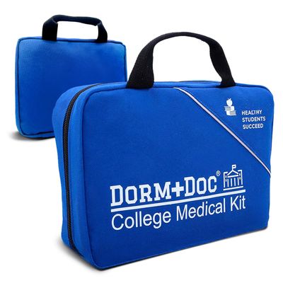 DormDoc College First Aid Kit  Compact Emergency Medical Kit for Dorm Rooms, School, Sports  with Bandages, OTC Medicines for Relief, Gauze, Quick Care Set  Portable Health Kit - 175 PCS, Blue