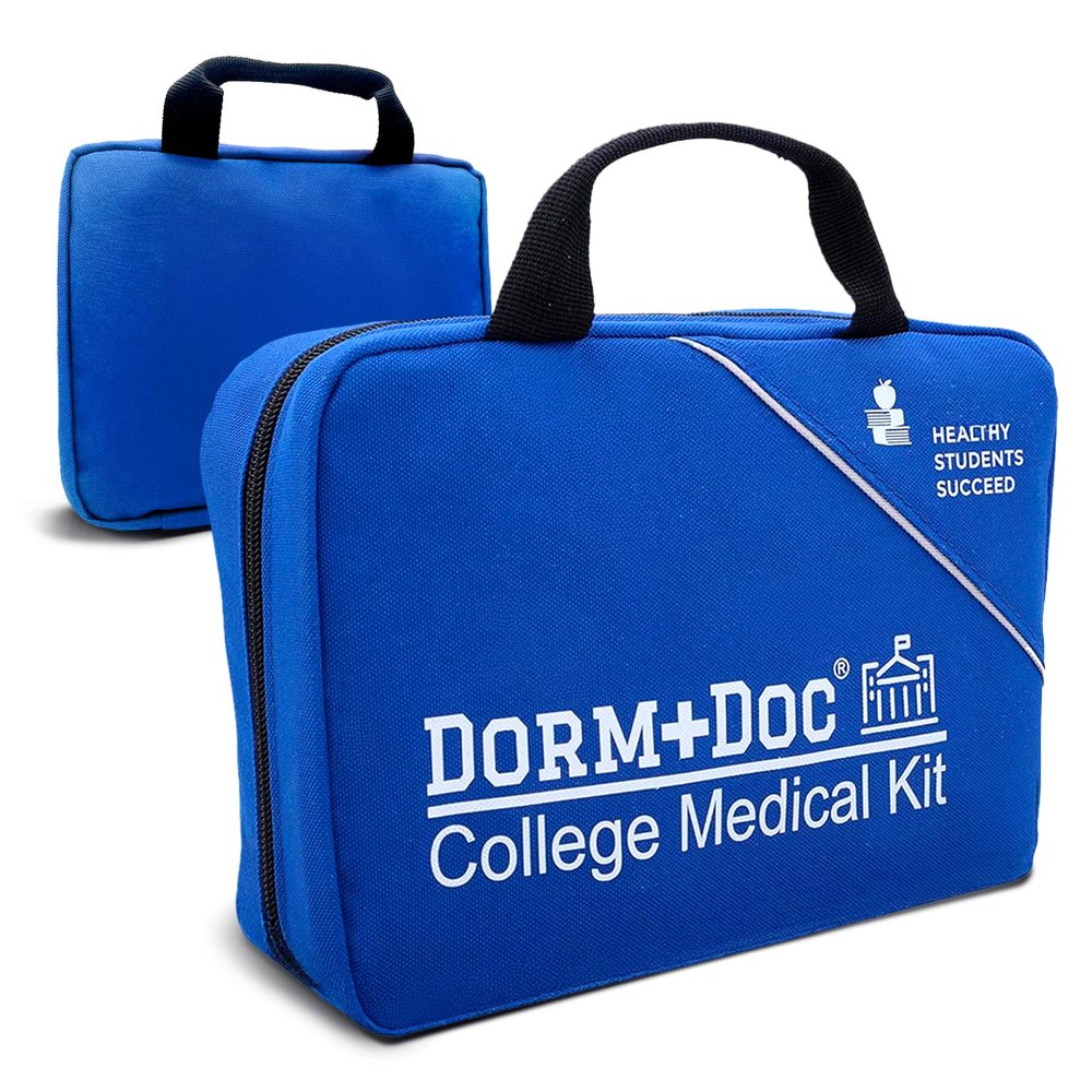 DormDoc College First Aid Kit  Compact Emergency Medical Kit for Dorm Rooms, School, Sports  with Bandages, OTC Medicines for Relief, Gauze, Quick Care Set  Portable Health Kit - 175 PCS, Blue