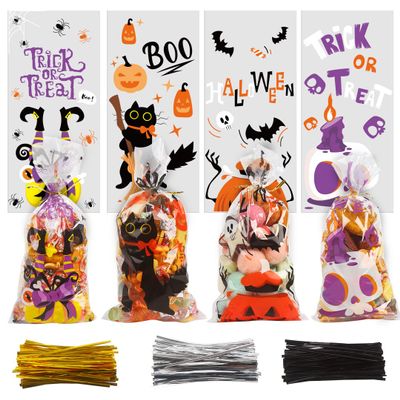 CCINEE Halloween Cellophane Treat Bags, 200pcs Clear Cello Candy Bags with Twsit for Halloween Trick or Treat Party Supply