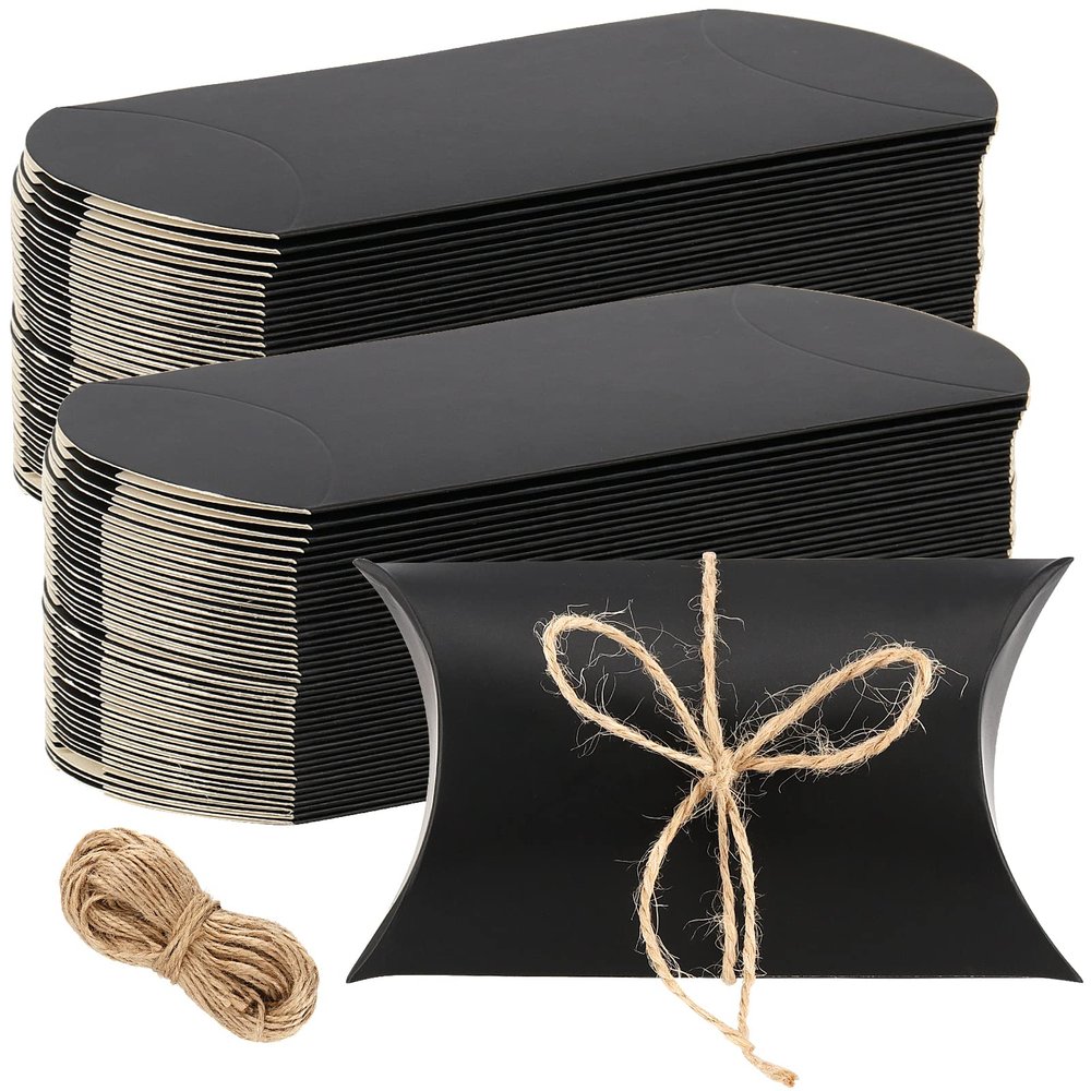 SEUNMUK 150 Pack 5 x 3.5 Inches Large Pillow Boxes, Kraft Pillow Box with Jute Twines, Black Pillow Candy Box Party Wedding Favor for Anniversary, Birthday, Halloween