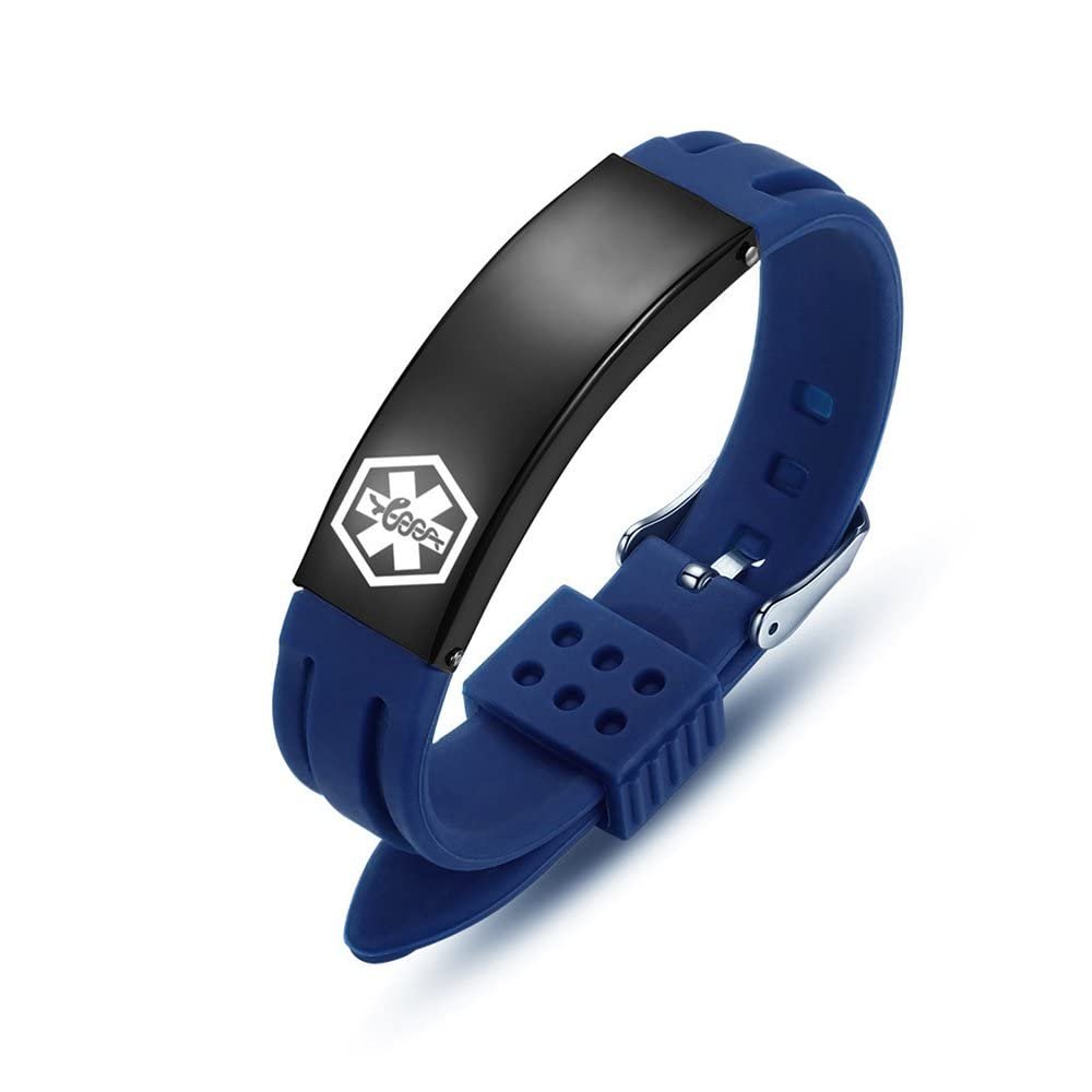 AOAMID Medical Alert Bracelets for Men Women Adjustable Free Engraving Sport Silicone Medical ID Bracelets 8.5 Inches (Blue-customize)