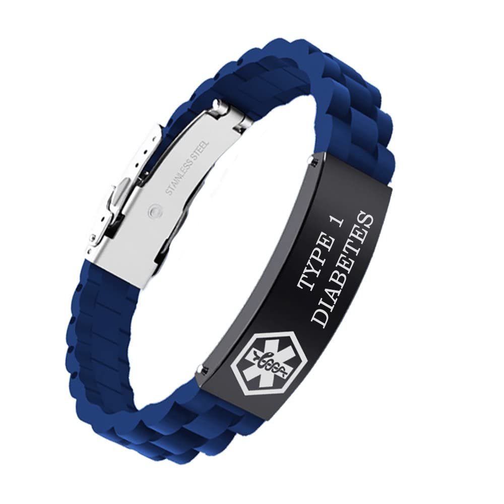 AOAMID Medical Alert Bracelets for Men Women Adjustable Free Engraving Sport Silicone Medical ID Bracelets 8.5 Inches (1Buckle-Blue-type 1 diabete)