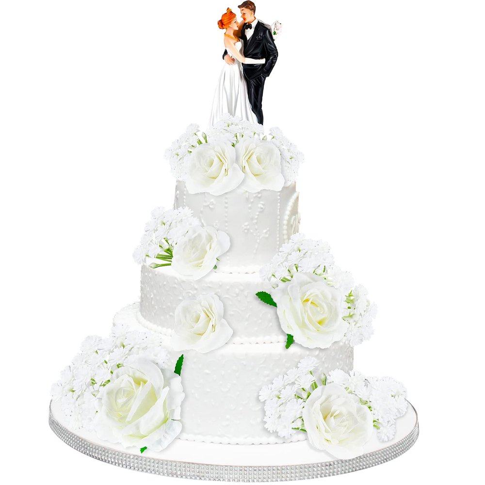 14 Pcs Bride and Groom Cake Topper, Wedding Cake Toppers with Artificial White Flower for Wedding and Engagement Party