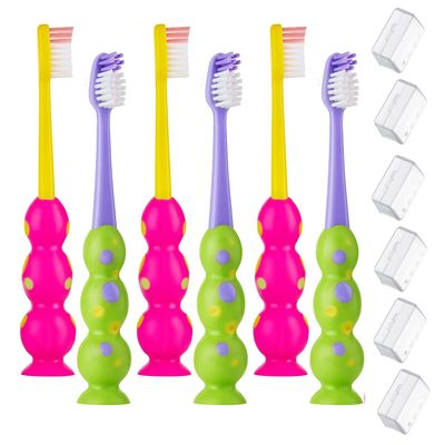 Trueocity Kids Toothbrush 6 Pack - Soft Contoured Bristles - Child Sized Brush Heads (3-10 Year Old) - Suction Cup for Fun & Easy Storage - Girl & Boy Set (6-Pack, Green & Pink)