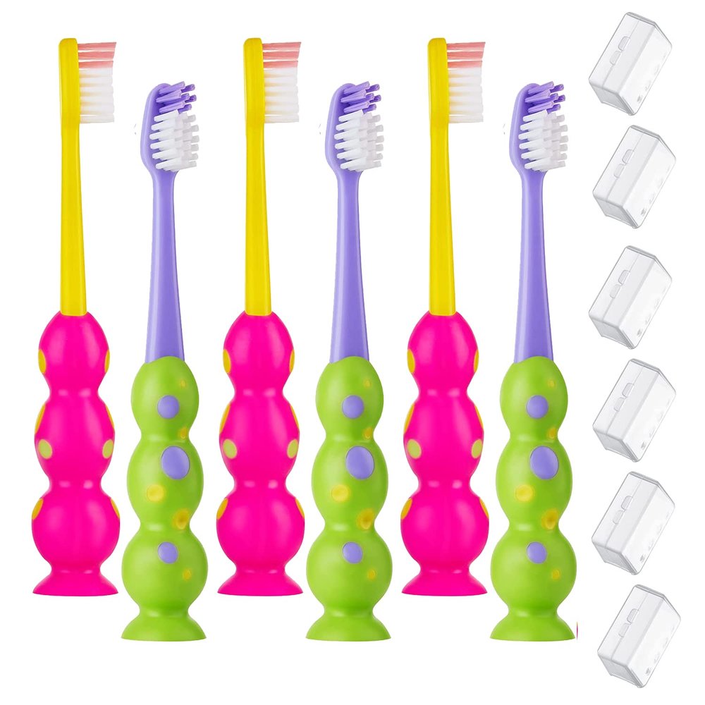 Trueocity Kids Toothbrush 6 Pack - Soft Contoured Bristles - Child Sized Brush Heads (3-10 Year Old) - Suction Cup for Fun & Easy Storage - Girl & Boy Set (6-Pack, Green & Pink)