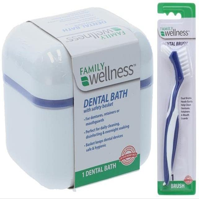 Family Wellness Denture Case, Denture Cup with Strainer Safety Basket, And Denture Brush, For Dentures, Restrainers, Or Mouthguards