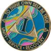 1 Year AA Medallion Elegant Marble Tahiti Teal Blue and Pink Gold Plated Chip view 1