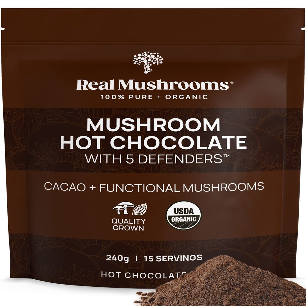 Real Mushrooms Organic Hot Chocolate Mix with Reishi, Turkey Tail, Chaga, Shiitake, Maitake Cacao Powder Organic Mushroom 5 Defenders Mushroom Cacao Powder, Vegan, Gluten-Free, 15 Servings