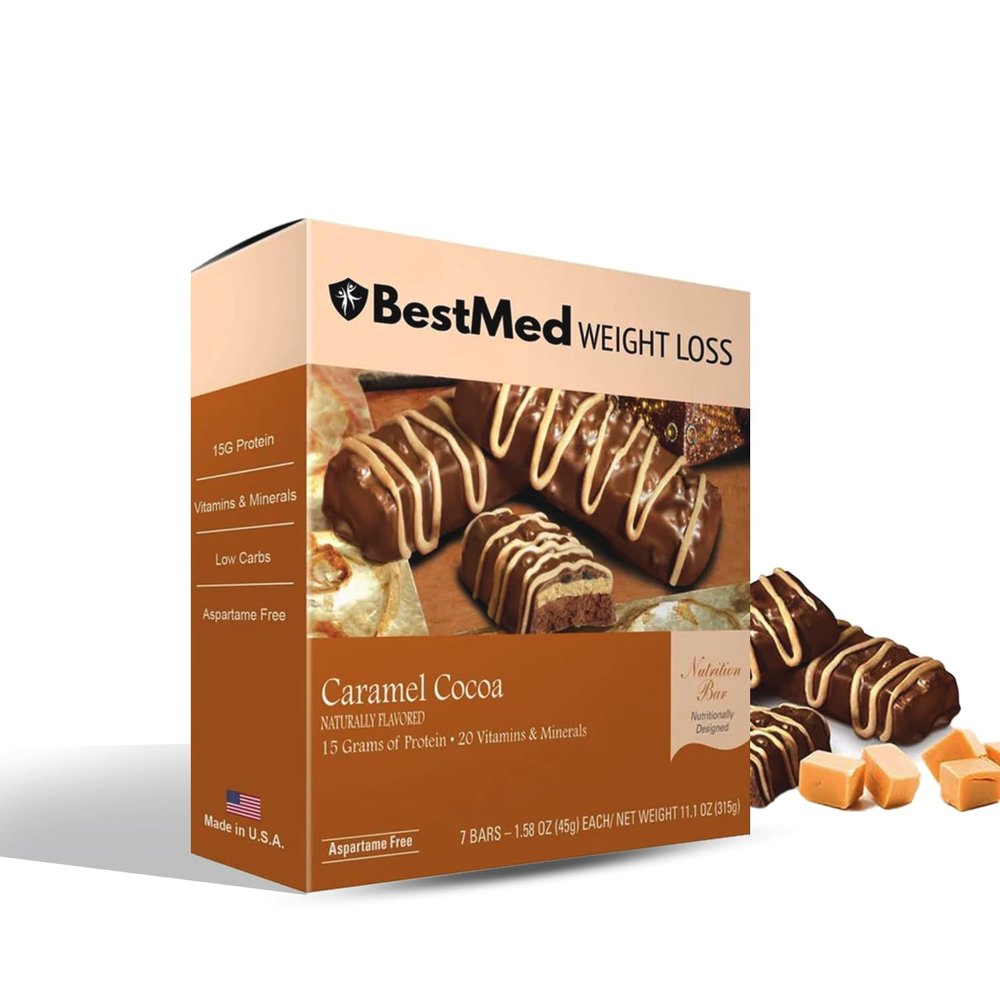BestMed - High Protein Nutrition Bar - Low-Carb, 15g Protein, Low Sugar, High Fiber, Low Calorie, Meal Replacement Bar (Caramel Cocoa, 1 Box - 7 Count)
