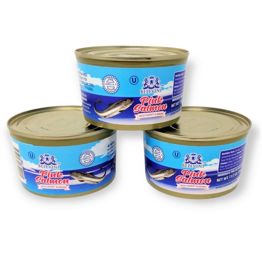 Belevini Pink Salmon Canned Wild Caught Alaskan 212g/7.4 Oz Natural Source of Omega-3 Fatty Acid, Rich in Protein, Ideal for Keto Diet & Paleo Diet (Pack of 3)