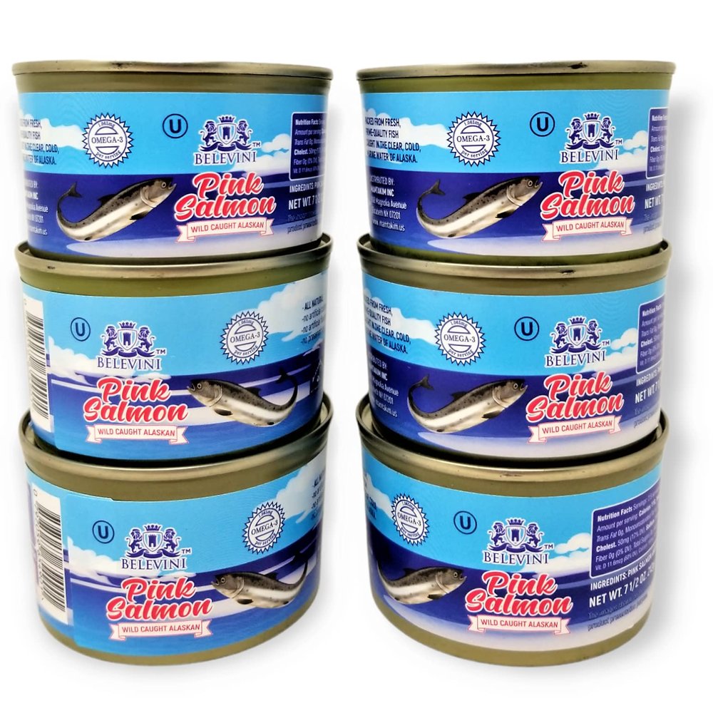 Belevini Pink Salmon Canned Wild Caught Alaskan 212g/7.4 Oz Natural Source of Omega-3 Fatty Acid, Rich in Protein, Ideal for Keto Diet & Paleo Diet (Pack of 6)