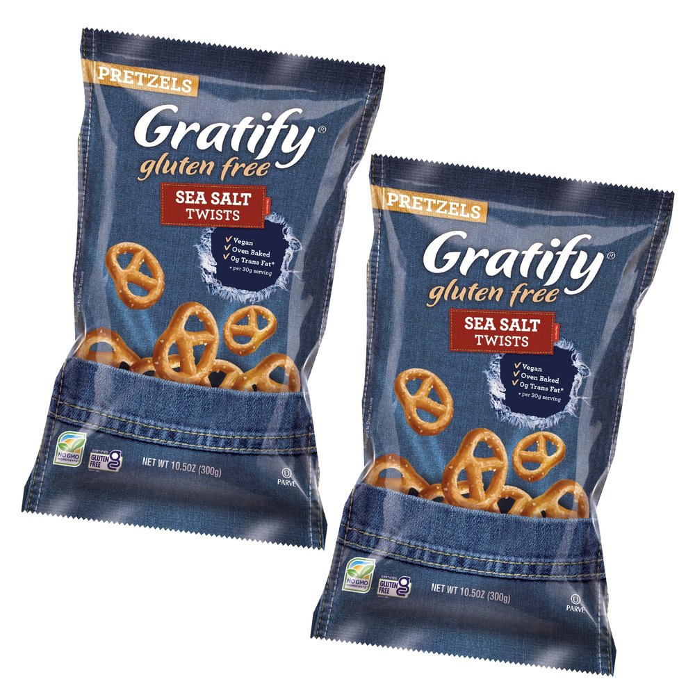 Gratify Pretzel Sea Salt Twists - Vegan and Gluten Free Pretzel Crisps, Individual Bags, Healthy Oven Baked Snacks - 10.5oz Bag (Pack of 2)