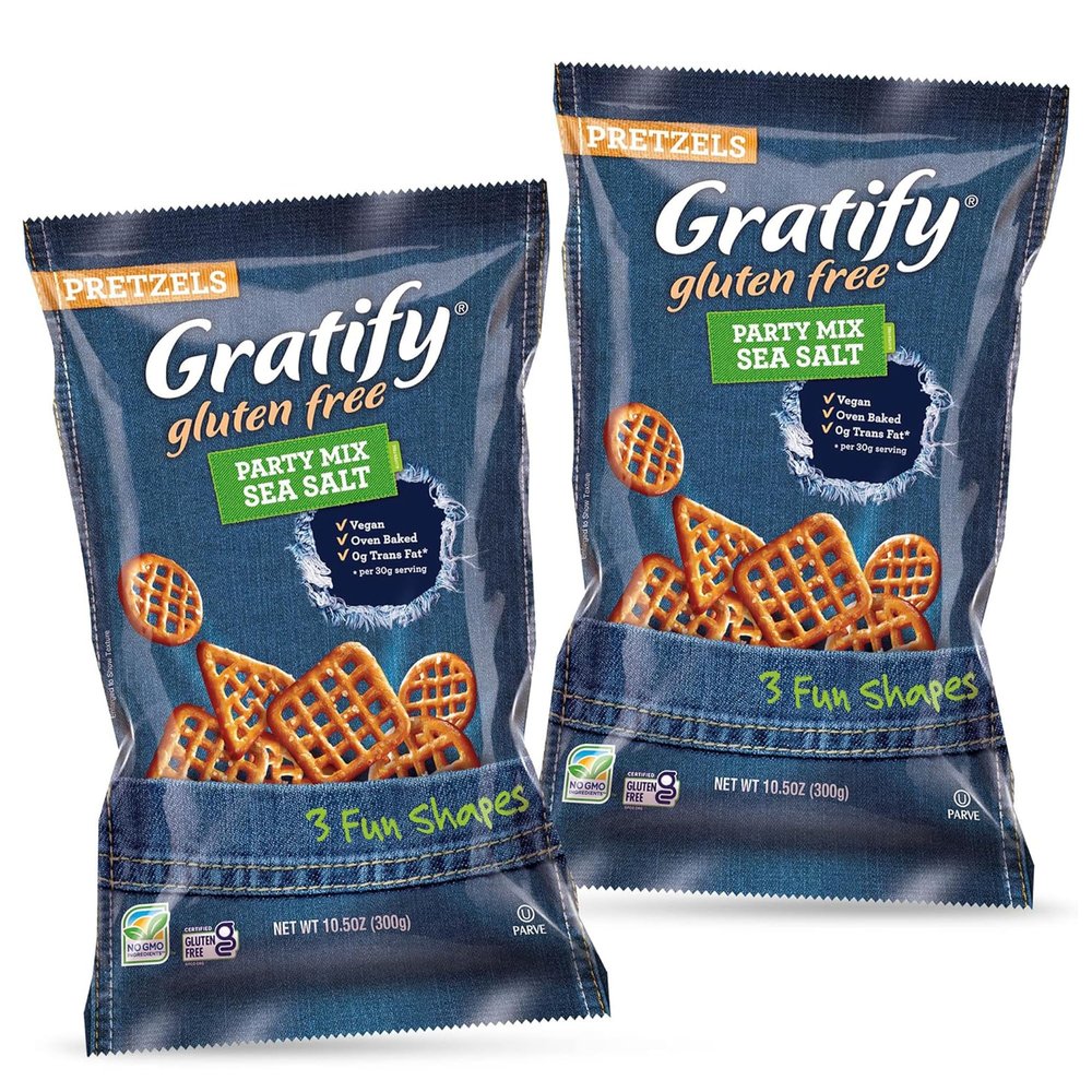 Osem Gratify Gluten Free Pretzels - GF Pretzel Snack Bags, Gluten-Free Mix for Adults & Kids, Hummus Dip, Individual Packs, Vegan Friendly, Kosher - Party Mix Sea Salt, 10.5 oz Bags (Pack of 2)