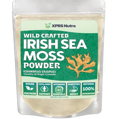 XPRS Nutra Irish Sea Moss Powder (Chondracanthus Chamissoi) - Premium Wildcrafted Seamoss Powder for Glowing Skin - Total Body Health Sea Moss Drink Powder - Vegan Friendly Irish Moss (8 oz)