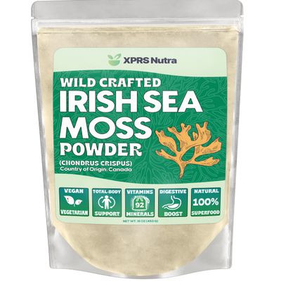 XPRS Nutra Irish Sea Moss Powder (Chondracanthus Chamissoi) - Premium Wildcrafted Seamoss Powder for Glowing Skin - Total Body Health Sea Moss Drink Powder - Vegan Friendly Irish Moss (16 oz)