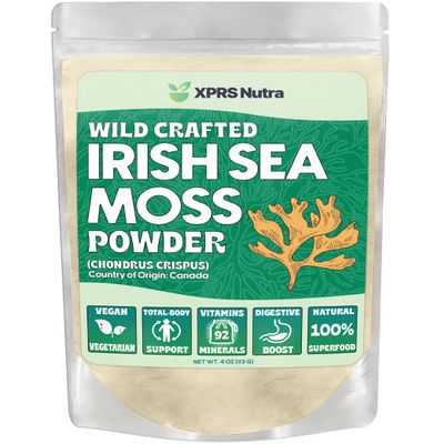XPRS Nutra Irish Sea Moss Powder (Chondracanthus Chamissoi) - Premium Wildcrafted Seamoss Powder for Glowing Skin - Total Body Health Sea Moss Drink Powder - Vegan Friendly Irish Moss (4 oz)