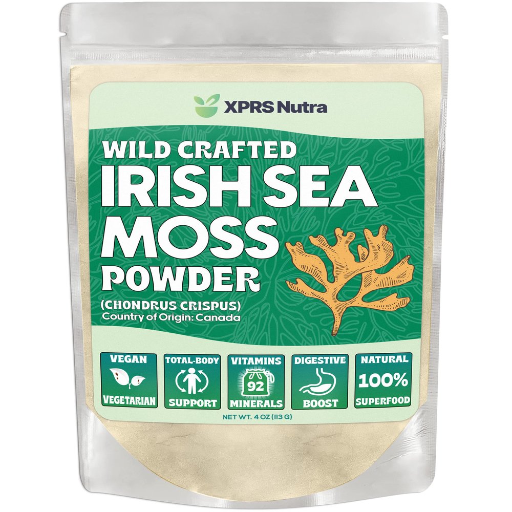 XPRS Nutra Irish Sea Moss Powder (Chondracanthus Chamissoi) - Premium Wildcrafted Seamoss Powder for Glowing Skin - Total Body Health Sea Moss Drink Powder - Vegan Friendly Irish Moss (4 oz)