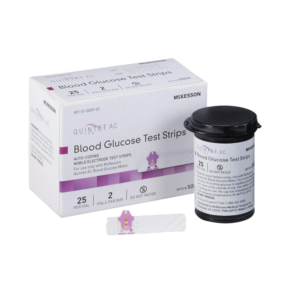 McKesson Quintet AC Blood Glucose Test Strips - Auto Coding, Noble Electrode Strips, for Self-Testing and Point-of-Care Testing of Whole Blood Glucose, 50 Strips, 3 Packs, 150 Total