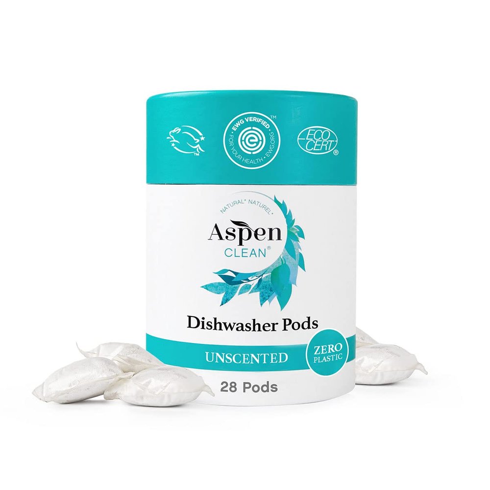 Unscented Dishwasher Pods by AspenClean, Dye-Free, Zero Plastic, EWG Verified, Vegan, Eco-Friendly, Natural Dishwasher Detergent - 28 Count