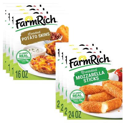 Farm Rich Breaded Mozzarella Cheese Sticks & Loaded Potato Skins Stuffed with Cheddar Cheese and Bacon High Protein Snack, Frozen - 4 Pack (16 +24 oz) - Ready Set Gourmet Donate a Meal Program