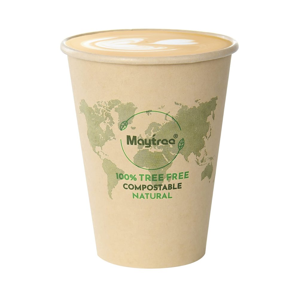 MayTree Disposable Paper Hot Coffee Cups 12 oz, Compostable & Biodegradable Bamboo Paper Cups for To Go & Ice Coffee, Water, Tea, Espresso, Chocolate, 150 Pack