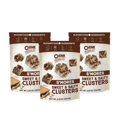 Chunk Nibbles Smores Snack Clusters - Campfire-Inspired Treat with Marshmallows, Graham Crackers, Pretzels & Chocolate - Small Batch, Handcrafted - Gourmet Treat - 4.25oz Resealable Pouch (3 Pack)