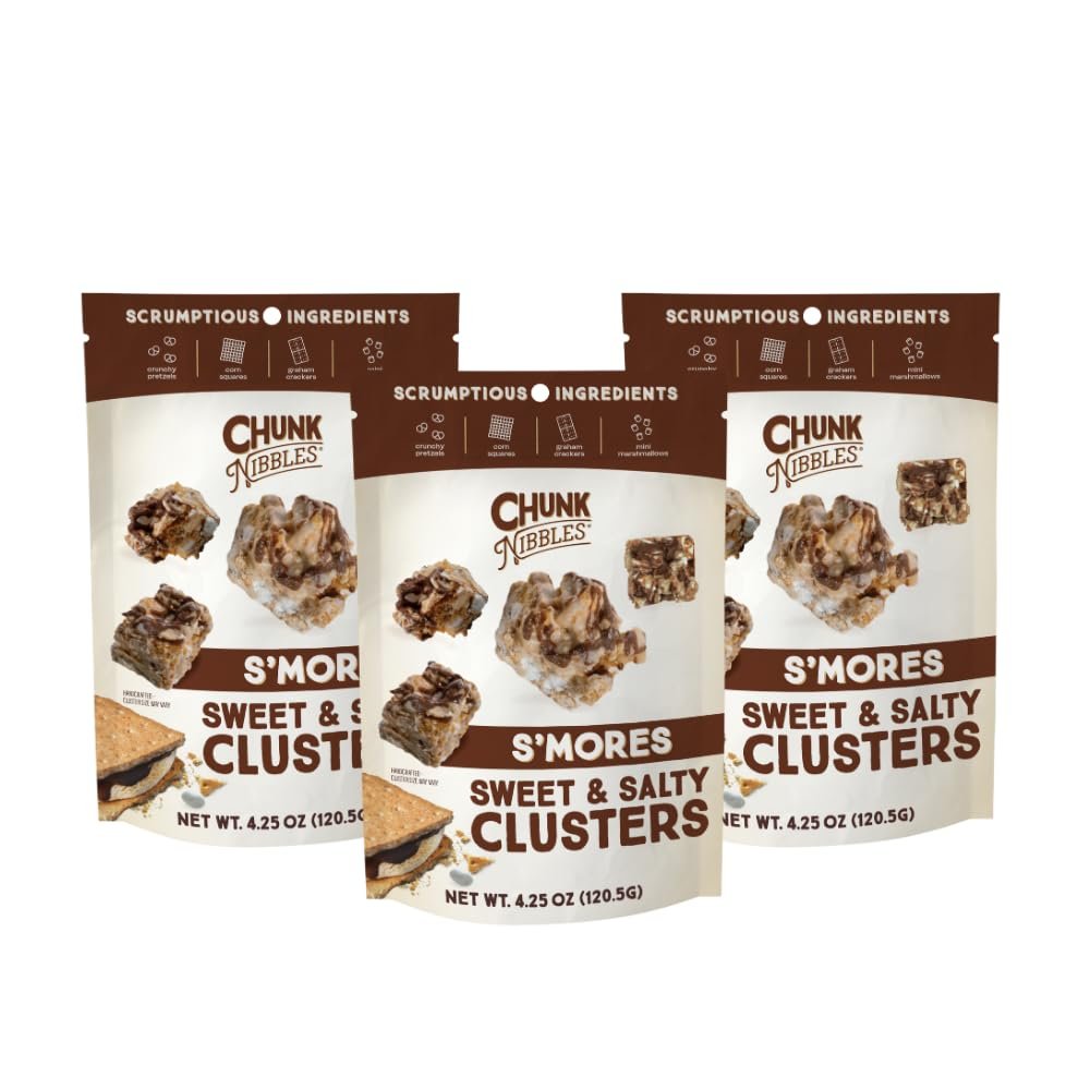 Chunk Nibbles Smores Snack Clusters - Campfire-Inspired Treat with Marshmallows, Graham Crackers, Pretzels & Chocolate - Small Batch, Handcrafted - Gourmet Treat - 4.25oz Resealable Pouch (3 Pack)