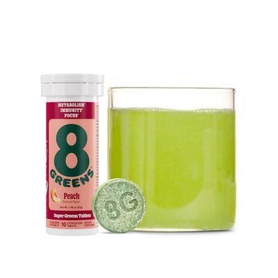 8Greens Supergreens Tablets | Super Greens Powder Superfood Tablet, Metabolism Immunity & Focus, Daily Greens Effervescent Tablets, Organic: Aloe Vera, Spirulina, Chlorella, Peach, 10 Servings
