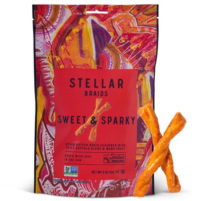 Stellar Snacks Pretzel Braids, Sweet & Sparky Spicy Buffalo, 5 Oz (Pack of 6), Gourmet Pretzel Sticks, Vegan, Kosher, Non GMO, Peanut Free, Healthy Snack